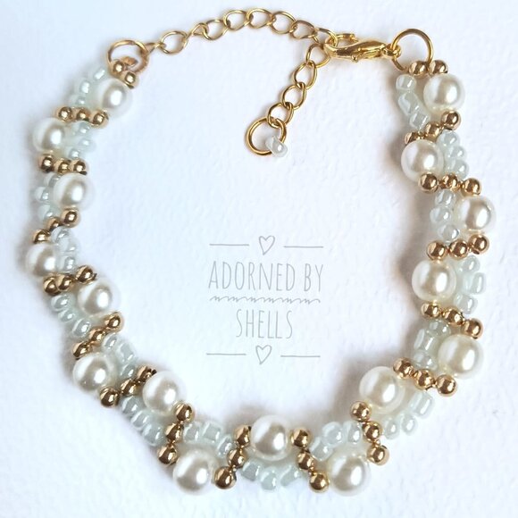 Beaded Bracelet, Blue Beads & Faux Pearls Bridal Stainless Steel Gold Jewelry - Picture 5 of 10